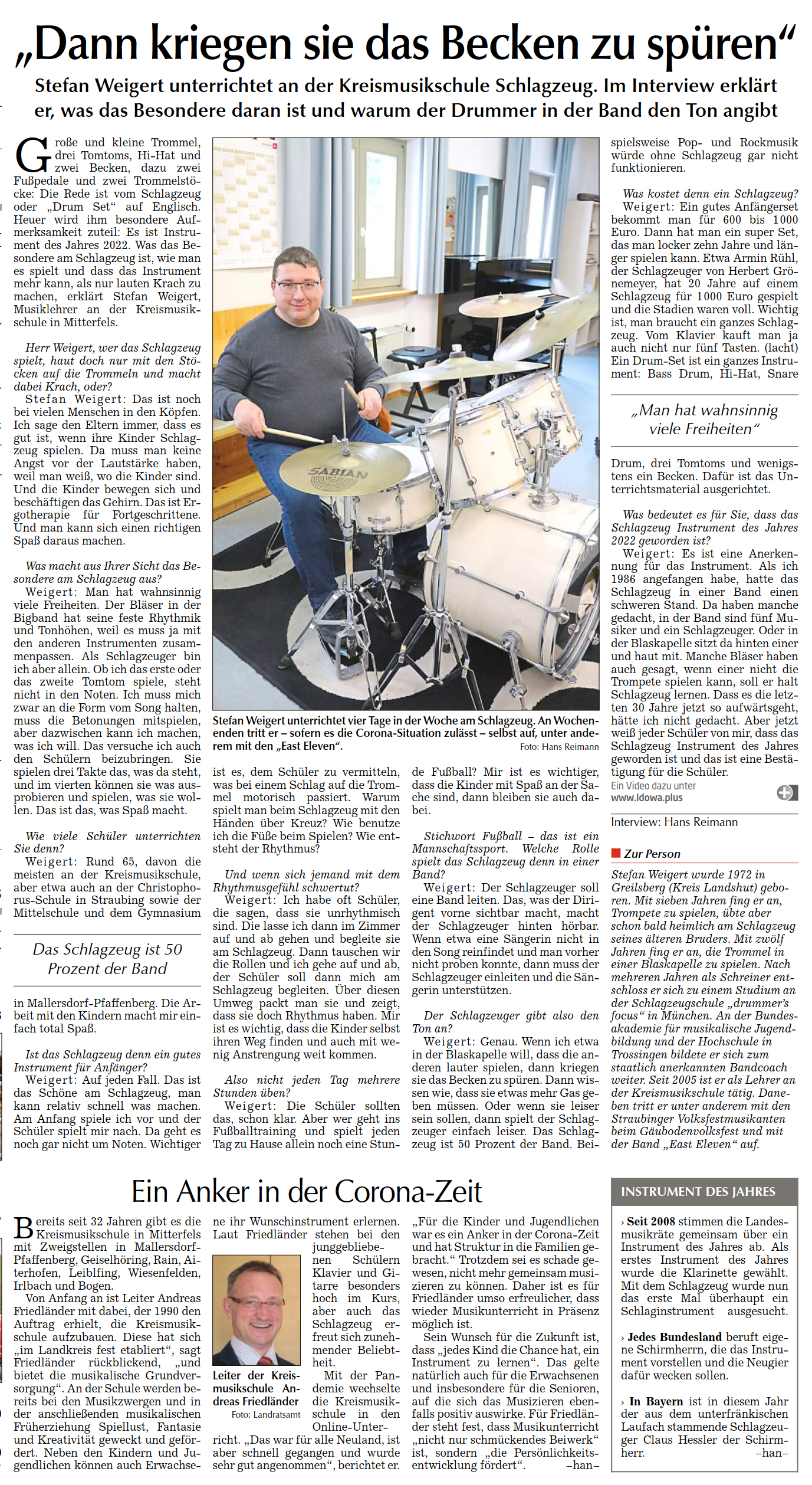 Bild zu Stefan Weigert unterrichtet an der Kreismusikschule Schlagzeug, Straubinger Tagblatt 15.02.2022