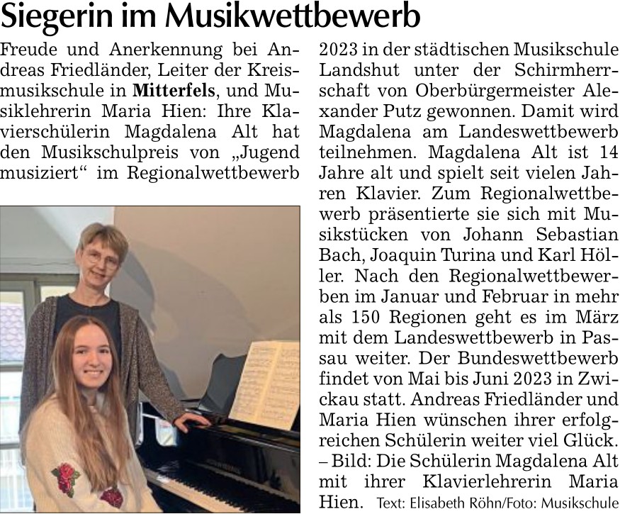 Bild zu Siegerin im Musikwettbewerb, Bogener Zeitung 23.1.2023