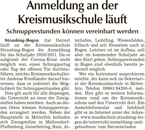 Anmeldung an der Kreismusikschule läuft, Bogener_Zeitung 13.6.2020